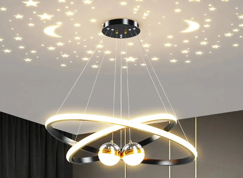 Black Gold Moon Stars Ring LED Chandelier