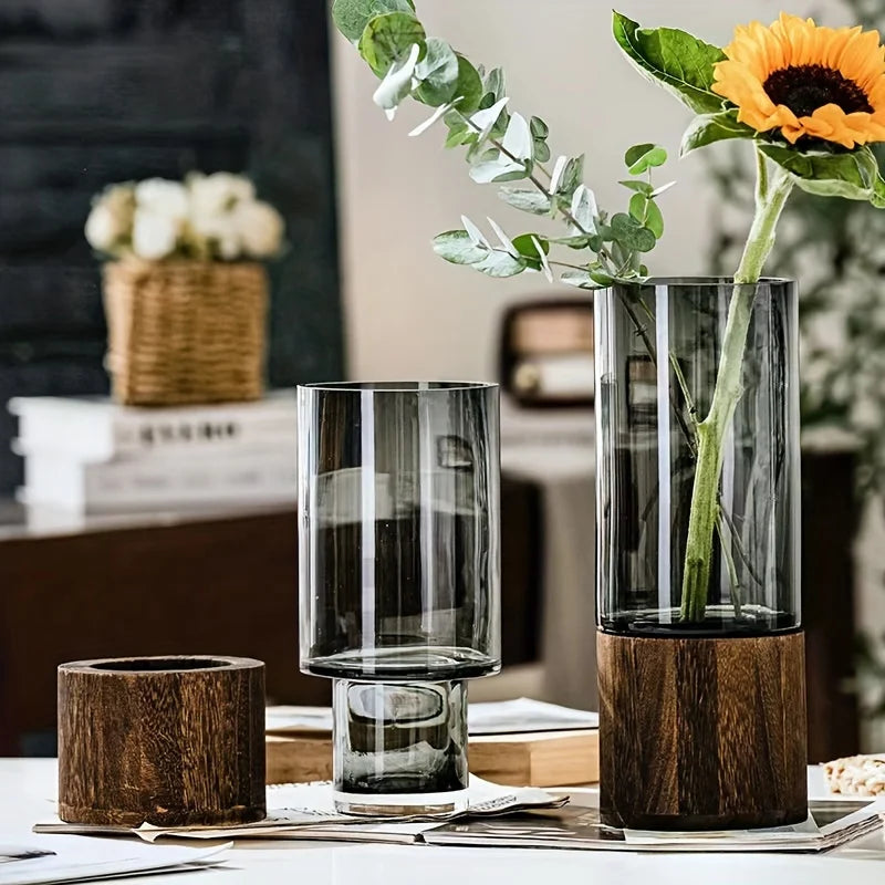 Glass Hydroponic Vessel with Wooden Base
