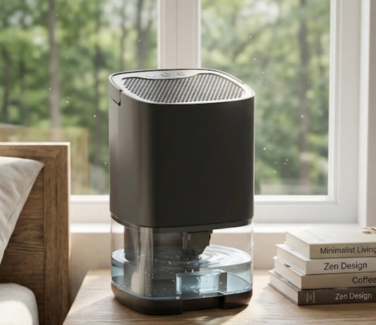 A black dehumidifier sits on a wooden table next to a stack of books, with a window and trees visible in the background.