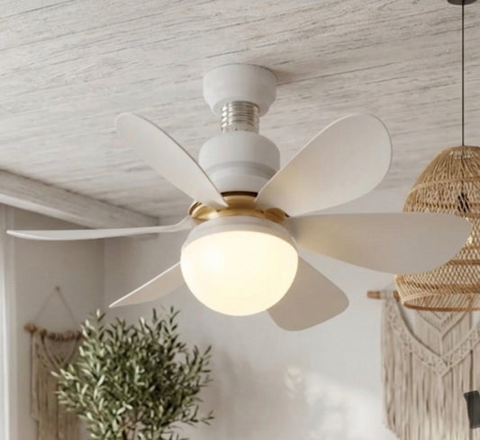a white ceiling fan with a light fixture, hanging from the ceiling, and a woven basket hanging from the ceiling.