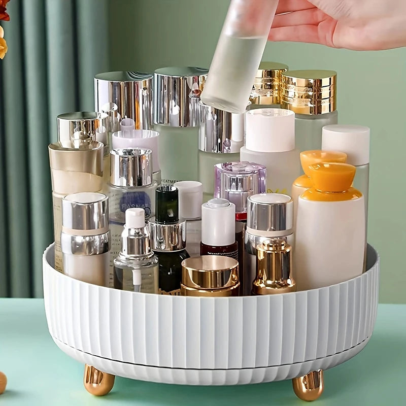 Makeup Organizer Tray — 360 Degree Rotating Lazy Susan | Large Capacity Cosmetics Storage Box