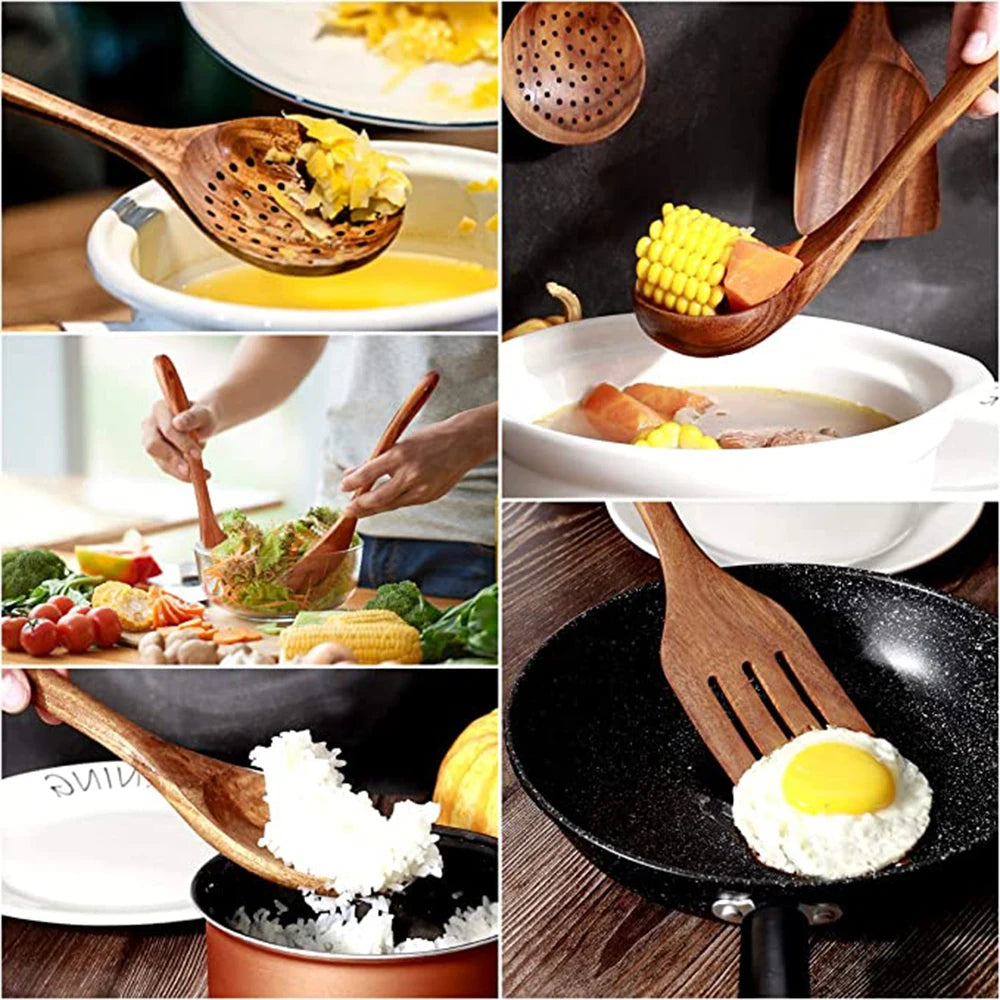 Eco Friendly Natural Teak Wooden Cooking Spoon Set