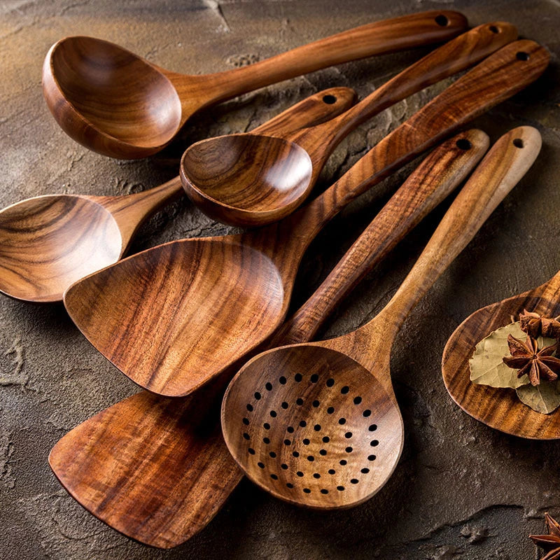 Natural Wood Kitchen Utensils — Teak Wood Spoon Set with Ladle, Turner & Rice Colander