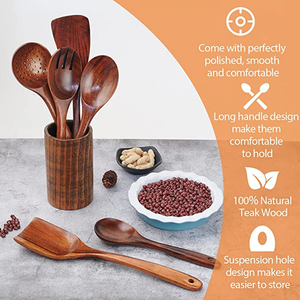 Eco Friendly Natural Teak Wooden Cooking Spoon Set