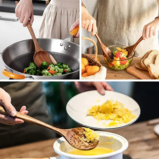Eco Friendly Natural Teak Wooden Cooking Spoon Set