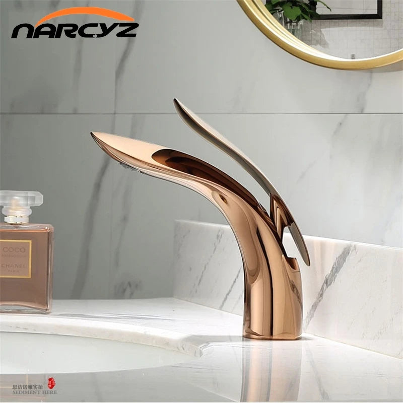Rose Gold Basin Faucet - Modern Bathroom Waterfall Tap, Single Hole, Brass Mixer