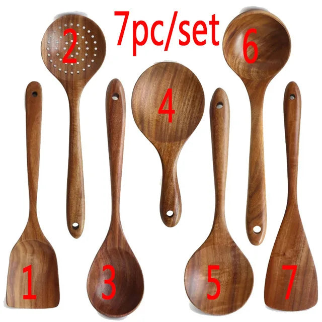 Eco Friendly Natural Teak Wooden Cooking Spoon Set