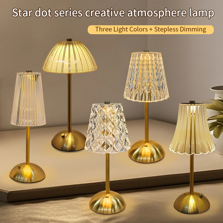 Rechargeable Touch Night Light - Dimmable Table Lamp with 3 Color LED, Portable Crystal Design