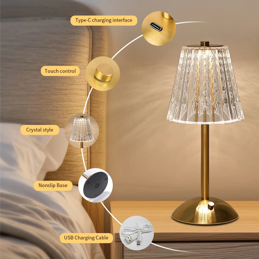 Rechargeable Touch Crystal Dimmable Night Lamp