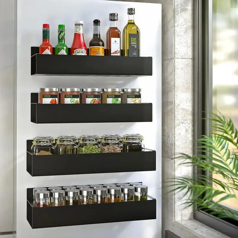 Magnetic Spice Rack — Black Metal Kitchen Storage Shelf for Refrigerator Organizer