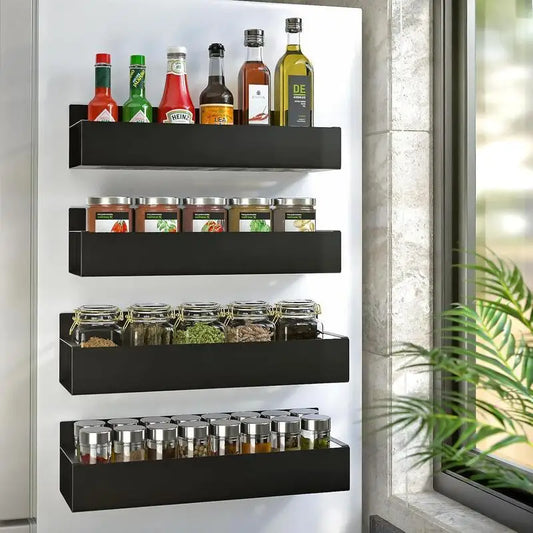 Magnetic Spice Rack — Black Metal Kitchen Storage Shelf for Refrigerator Organizer