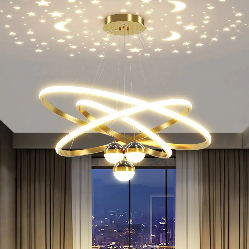 Black Gold Moon Stars Ring LED Chandelier