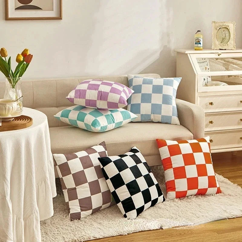 Retro Checkerboard Plaid Polyester Cushion Cover