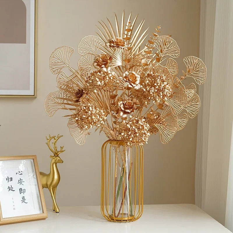 Gold Silk Rose Hydrangea Artificial Flower Arrangement