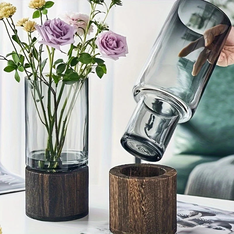 Glass Hydroponic Vessel with Wooden Base