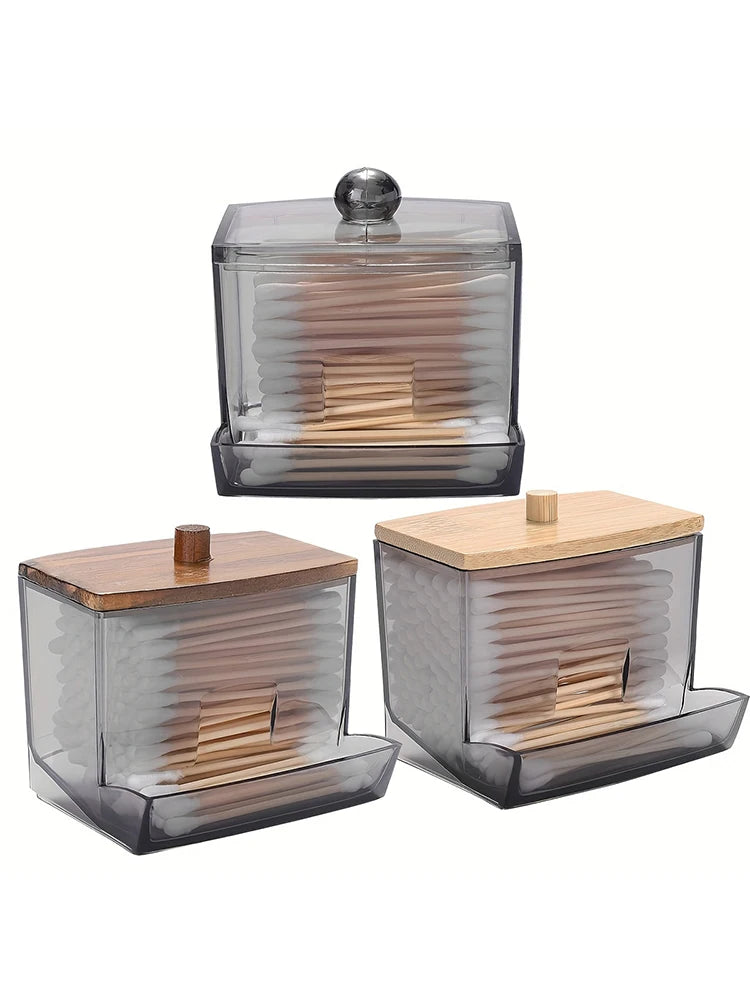 Clear Acrylic Bamboo Lid Cotton Swab Dispenser