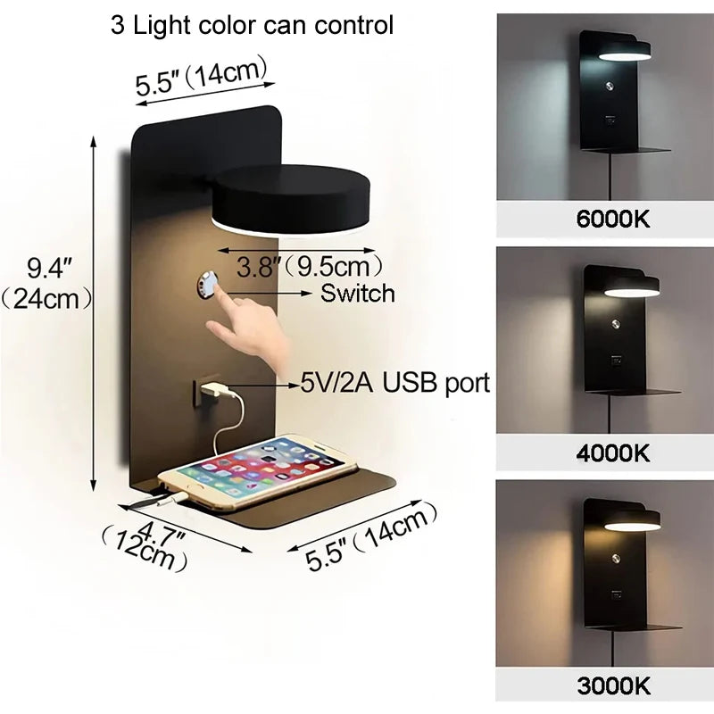 USB Charging Bedside Reading Wall Lamp