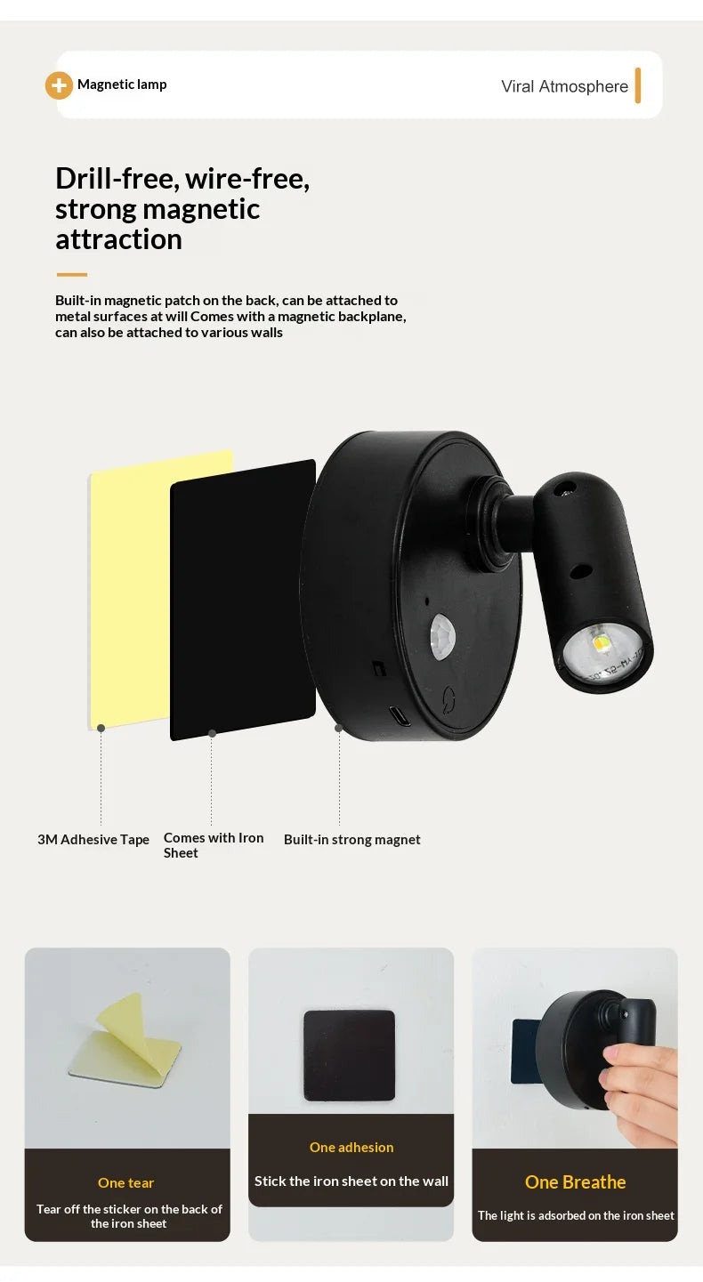Magnetic Base USB Rechargeable Cordless Dimmable Wall Lamp
