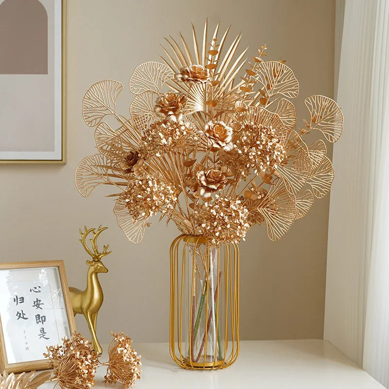 Gold Silk Rose Hydrangea Artificial Flower Arrangement