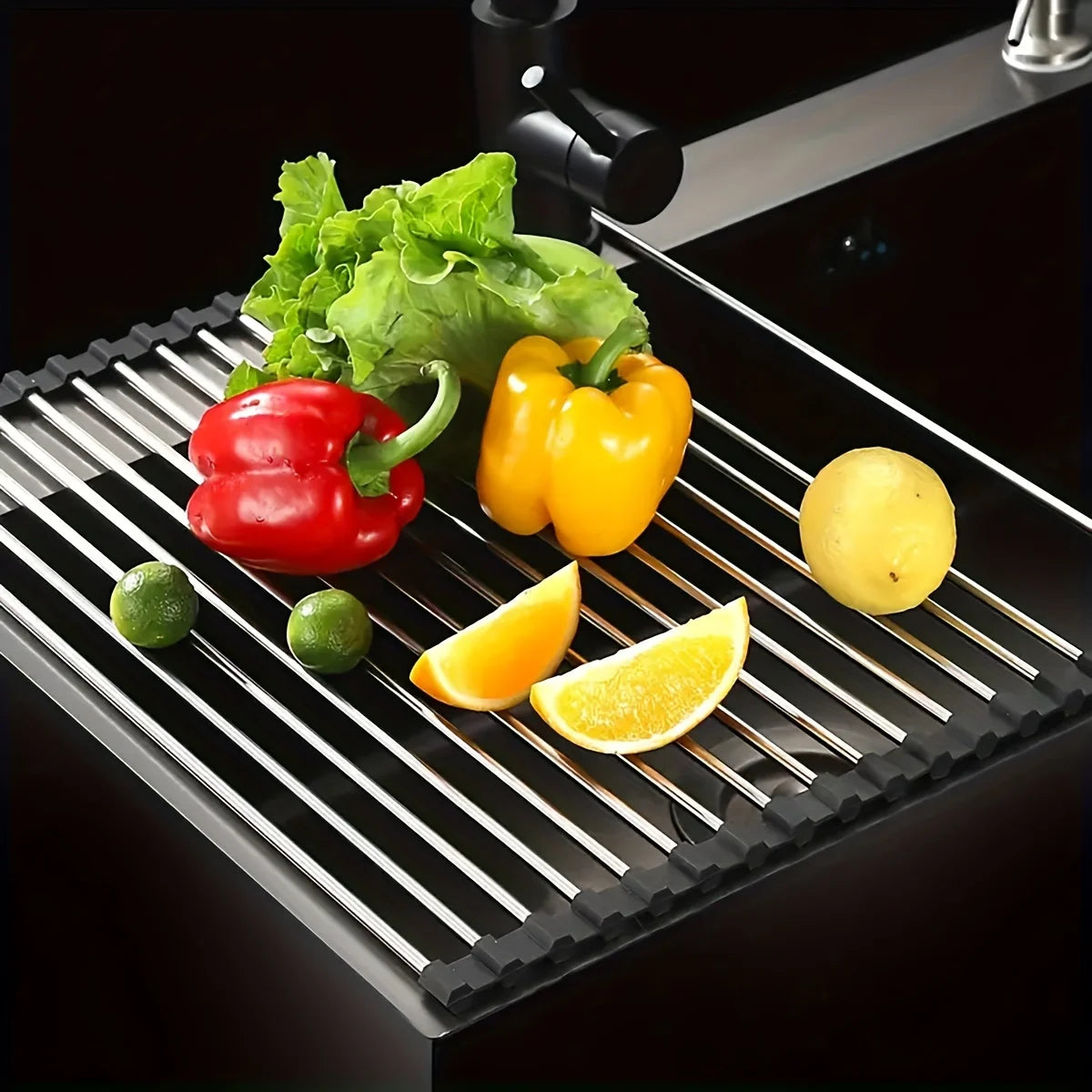 Stainless Steel Drying Rack - Foldable Sink Rack & Fruit Vegetable Drainer, Heat Insulation Pad