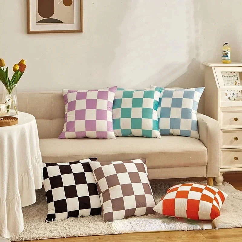 Checkerboard Cushion Cover - Retro Plaid Polyester Pillowcase for Sofa Seat & Bed