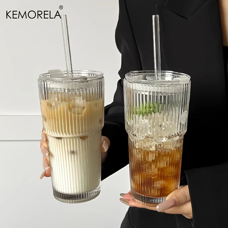 Stripe Glass Coffee Cup 600ML - Transparent Cold Drink Glass With Lid | Eco-Friendly Drinkware