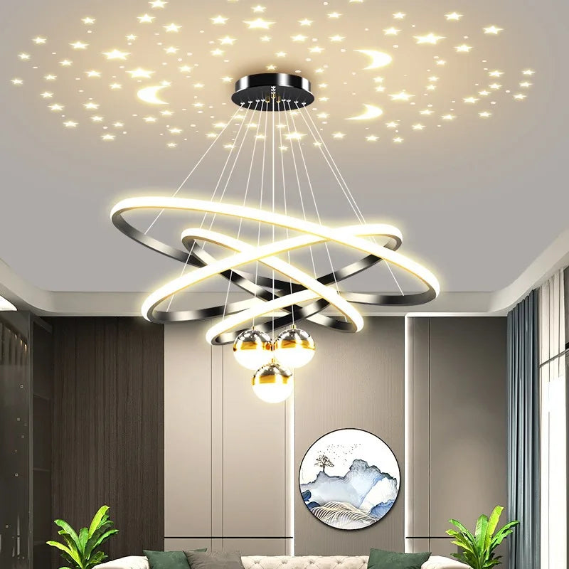 Black Gold Moon Stars Ring LED Chandelier
