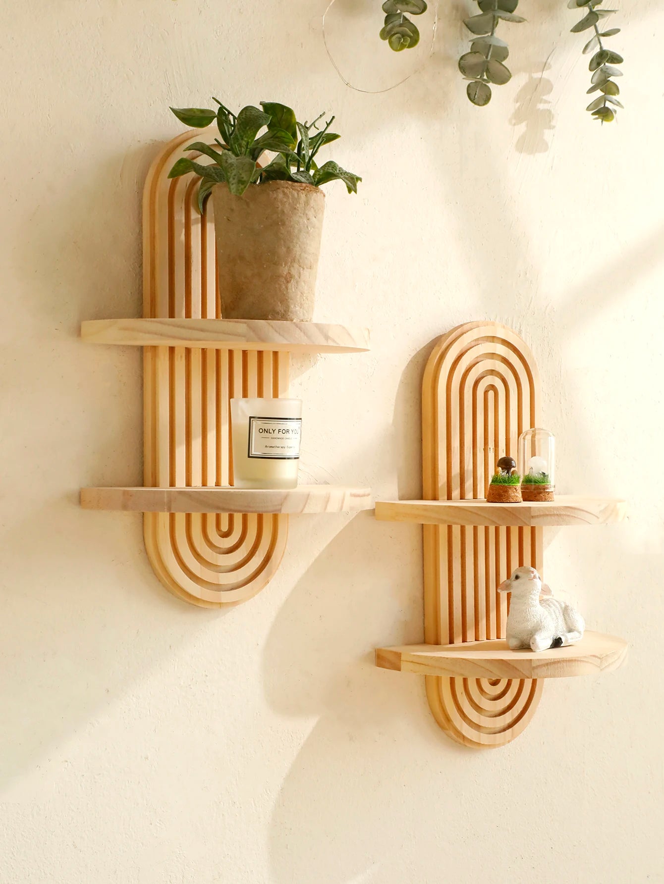 Boho Wooden Wall Shelves - 2 Tier Geometric Natural Wood Shelf | Modern Home Decor