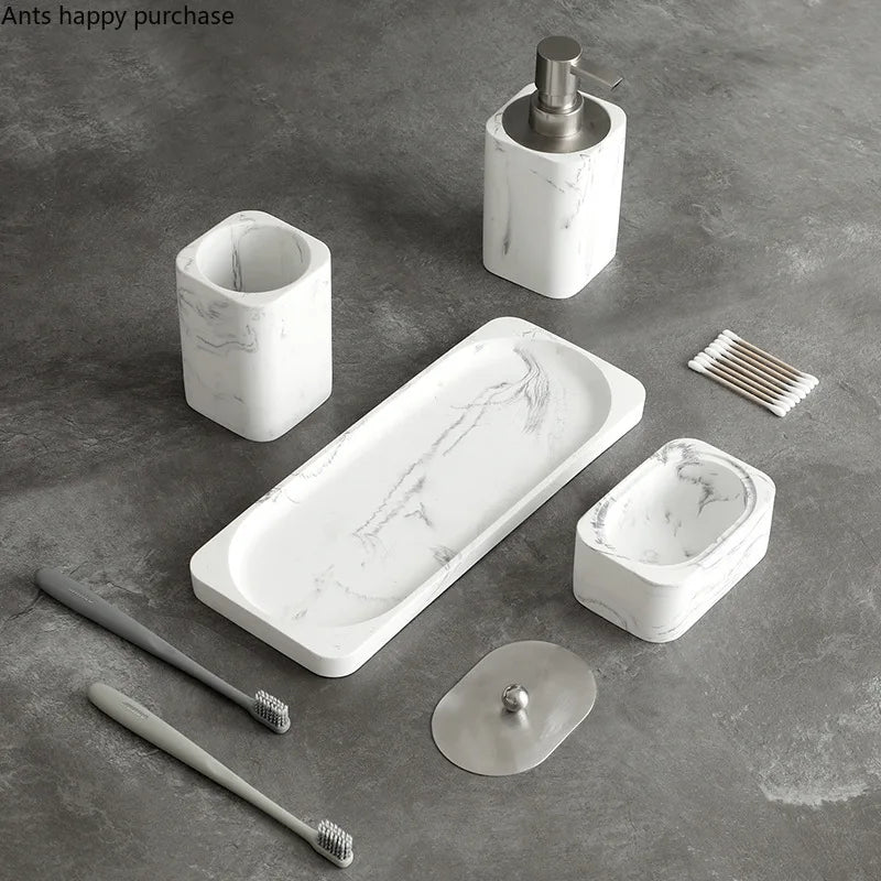 4 Piece Resin Marble Bathroom Soap Dispenser Set