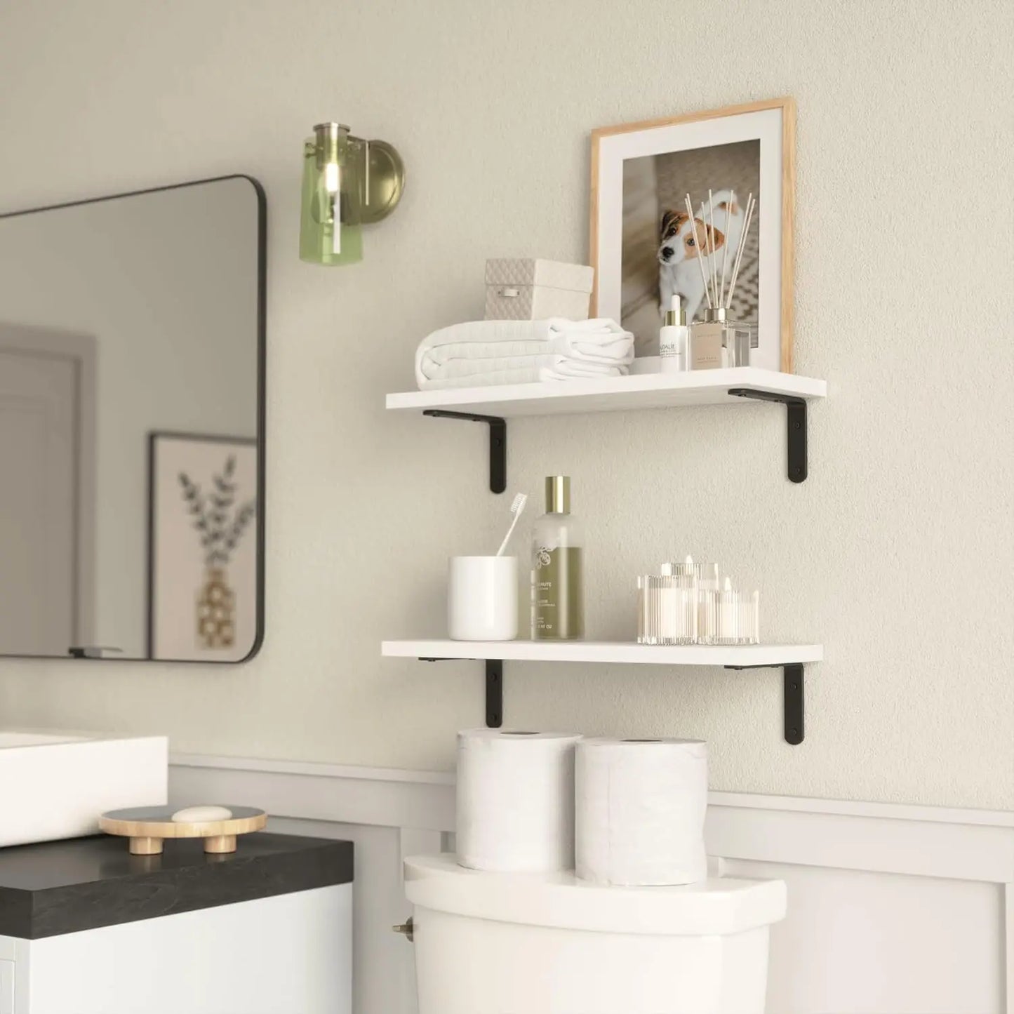 Rustic Wood Double Tier Floating Wall Shelf