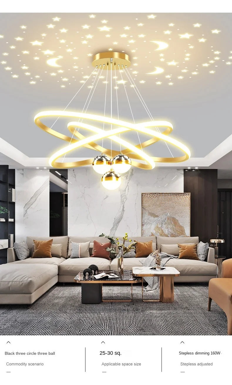 Black Gold Moon Stars Ring LED Chandelier