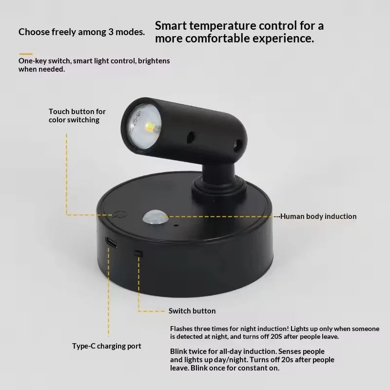 Magnetic Base USB Rechargeable Cordless Dimmable Wall Lamp