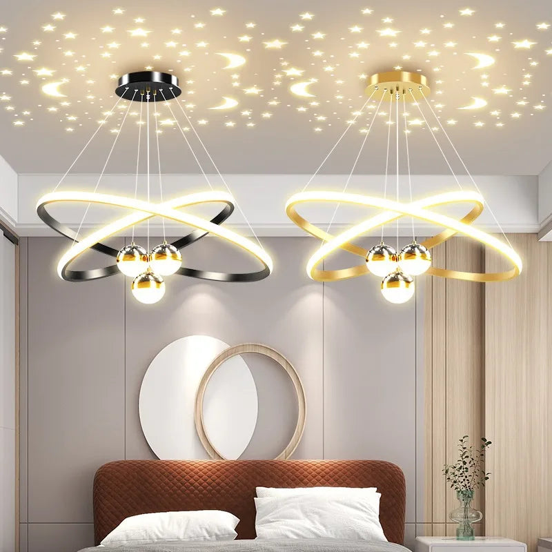 Black Gold Moon Stars Ring LED Chandelier