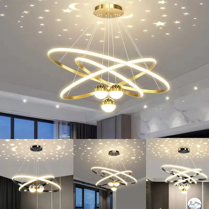 Black Gold Moon Stars Ring LED Chandelier