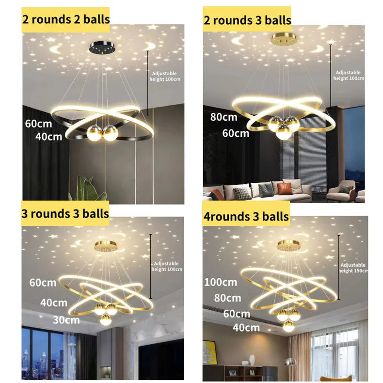 Black Gold Moon Stars Ring LED Chandelier