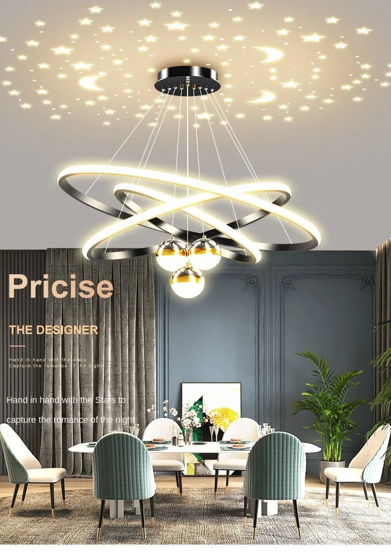 Black Gold Moon Stars Ring LED Chandelier