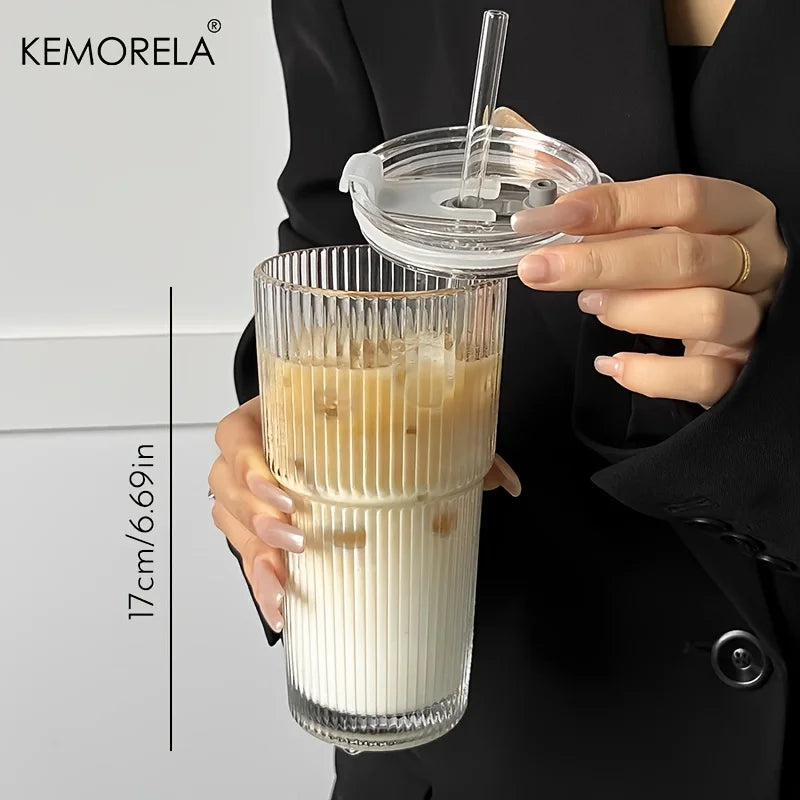 Stripe Glass Cold Drink Cup with Lid
