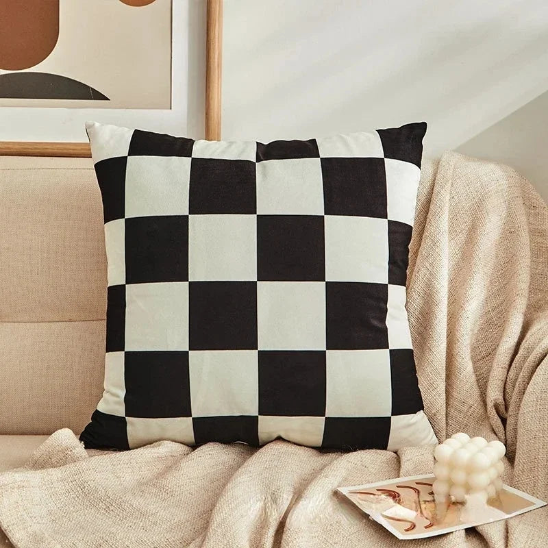 Retro Checkerboard Plaid Polyester Cushion Cover