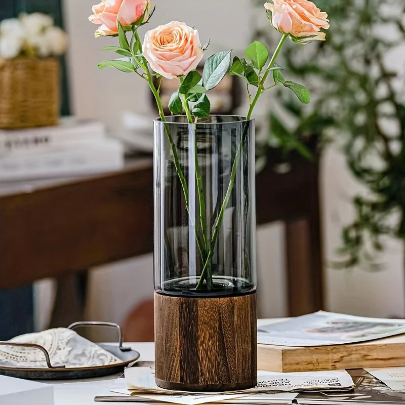 Glass Hydroponic Vessel with Wooden Base