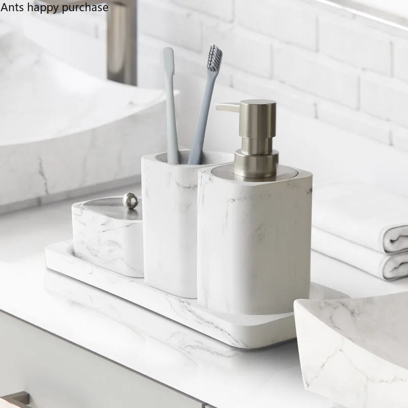 4 Piece Resin Marble Bathroom Soap Dispenser Set