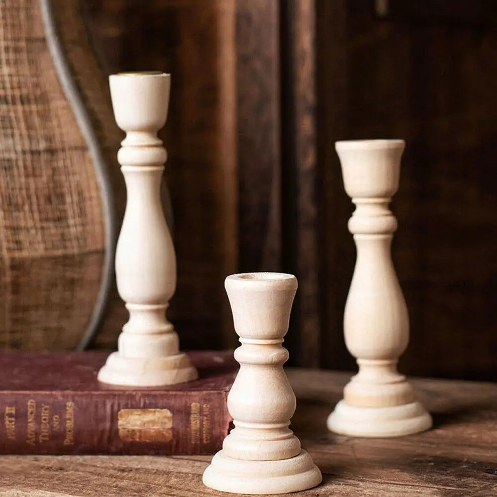 Unfinished Wood Pillar Candle Holder Set