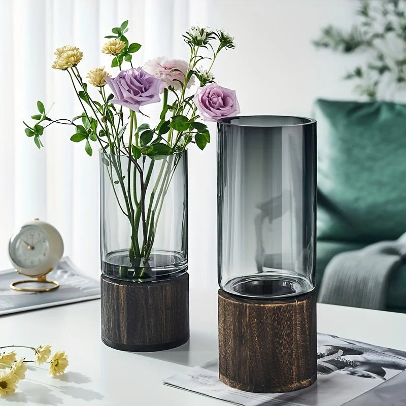 Glass Hydroponic Vessel with Wooden Base
