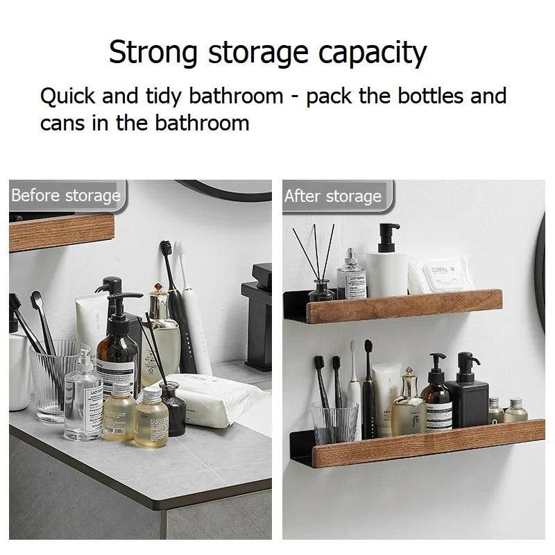 No Drill Solid Wood Wall Mounted Bathroom Shelf
