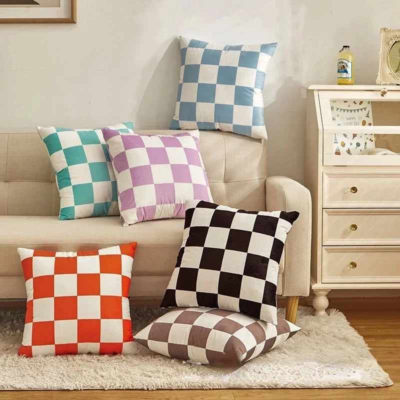 Retro Checkerboard Plaid Polyester Cushion Cover