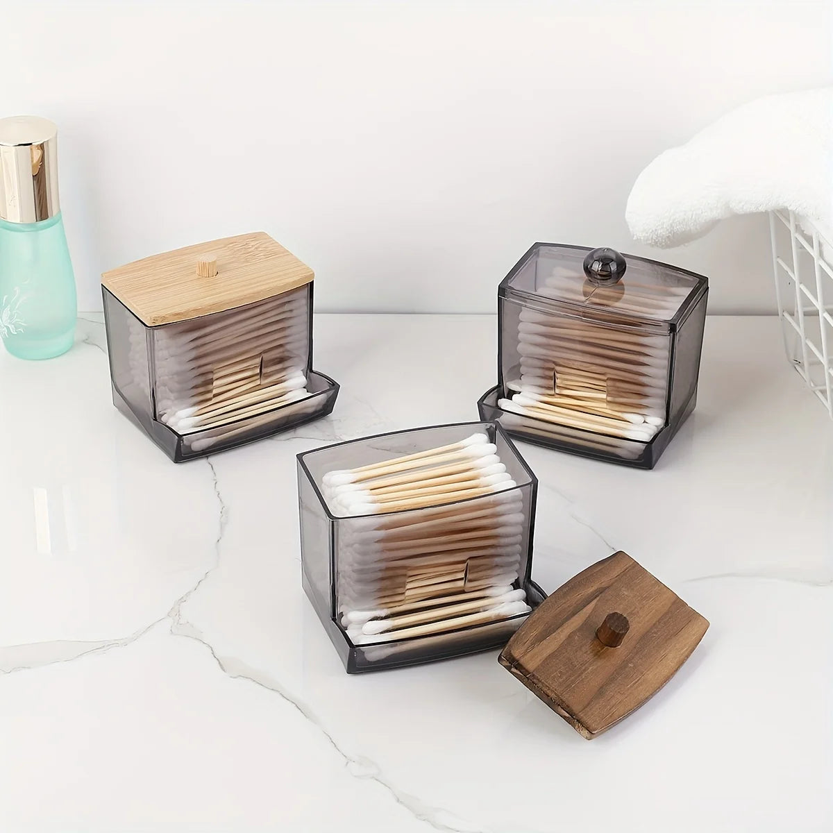 Clear Acrylic Bamboo Lid Cotton Swab Dispenser