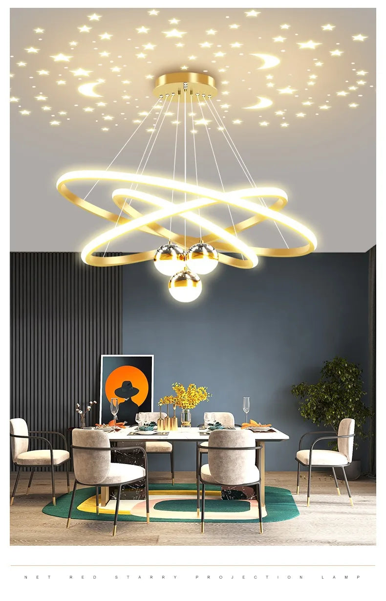 Black Gold Moon Stars Ring LED Chandelier