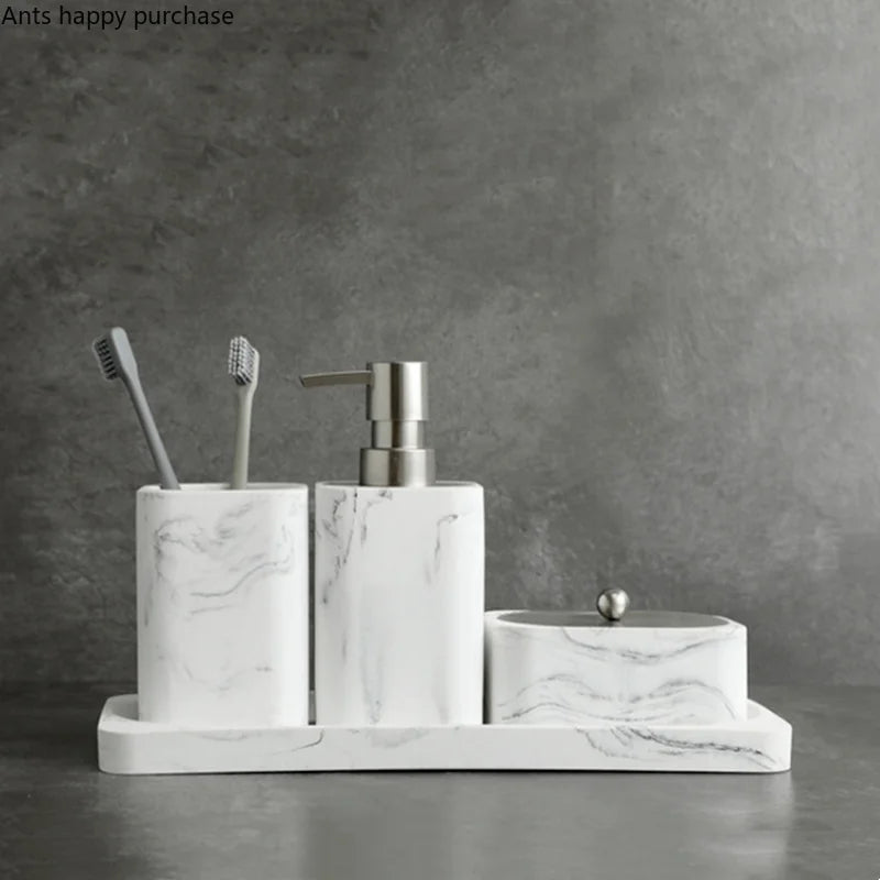 4 Piece Resin Marble Bathroom Soap Dispenser Set