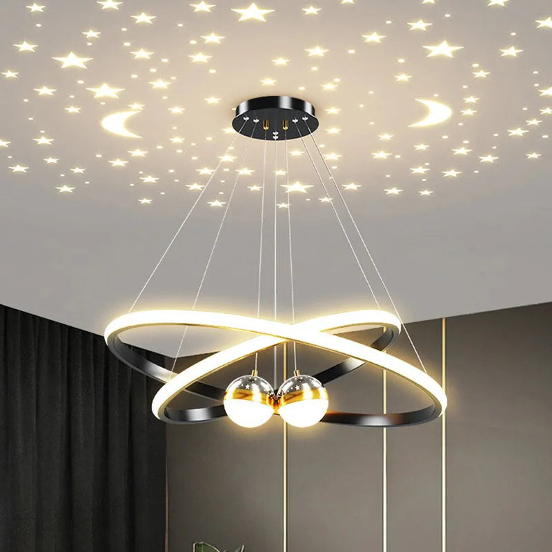 Black Gold Moon Stars Ring LED Chandelier