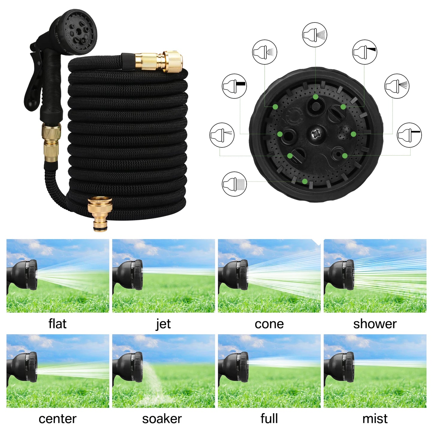 Flexible Expandable Garden Hose with 8-Mode Nozzle