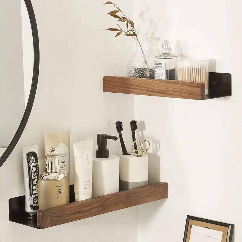 No Drill Solid Wood Wall Mounted Bathroom Shelf